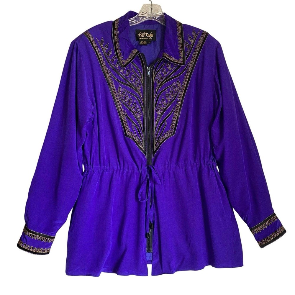 Vintage 2000s Bob Mackie Silk Windbreaker Jacket M Purple Full Zip Artsy Glam